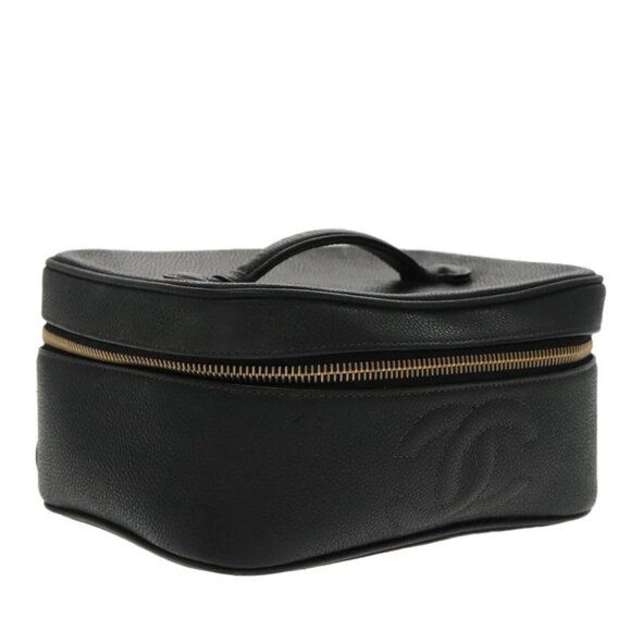 CHANEL Vanity COCO Mark Pouch Grained Calf Skin Black Gold CC - Picture 1 of 16
